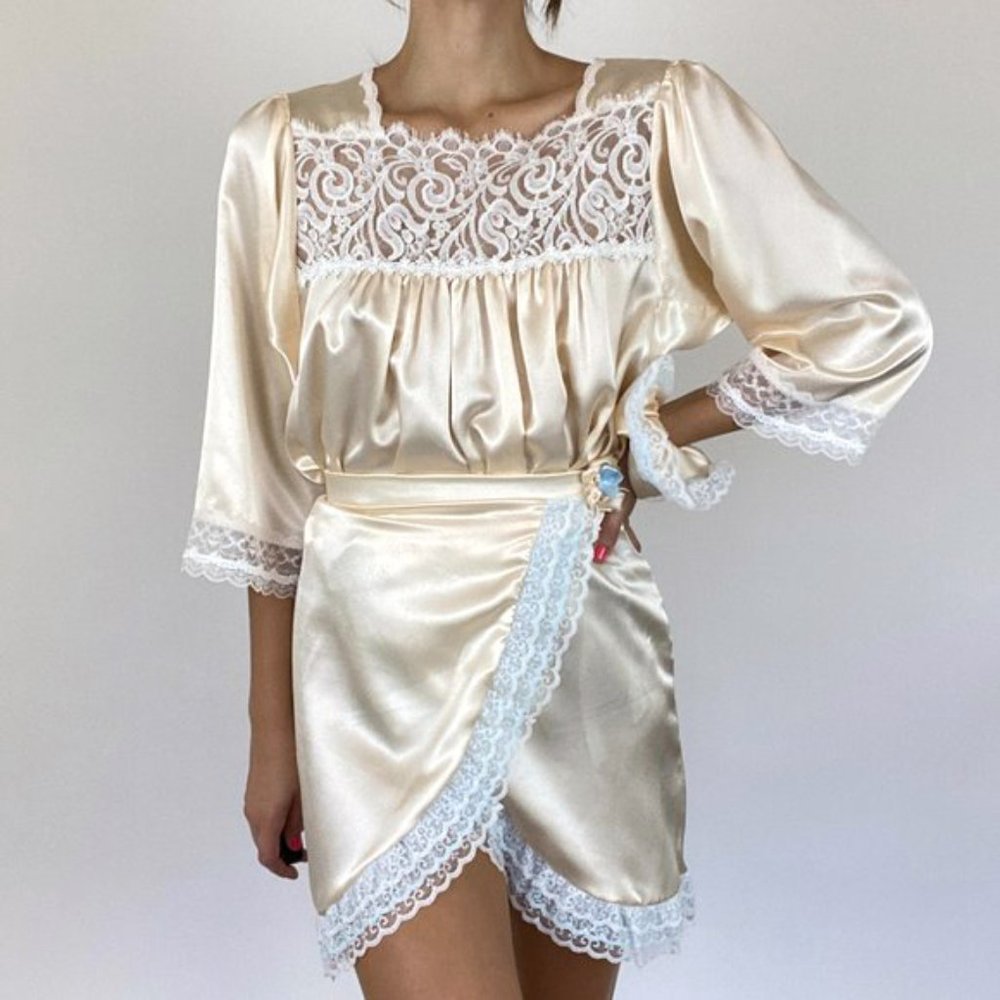 Dior Liquid Satin Lace Peach Skirt Scrunchie Set